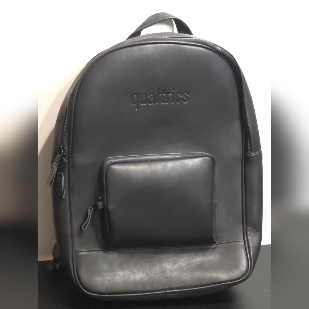 Qualtrics Black Faux Leather Laptop Backpack | Executive Corporate Gift | Travel